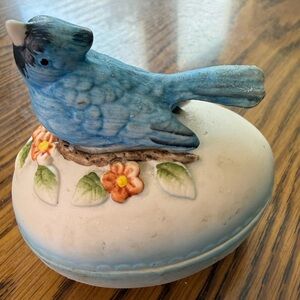 Vintage Porcelain Blue Bird Ceramic Trinket Egg Shaped Box